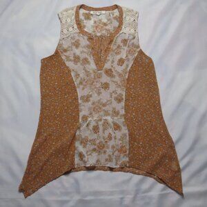 4/$14 BLACK RAINN womens SHIRT shark bite hem BOHO tank FLORAL cream TAN SIZE M